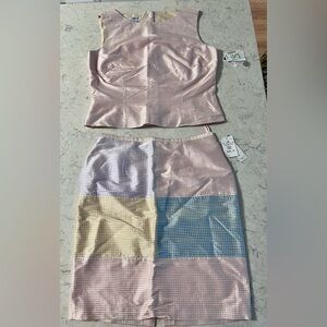Elegant Pastel Gingham Silk 2 Piece Skirt Set Fully Lined w/ Button Down Back